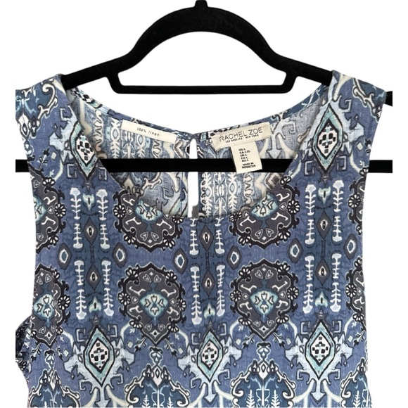 Rachel Zoe Womens Dress Large Blue Linen Sleeveless Ikat Batik with Pockets - Picture 2 of 4
